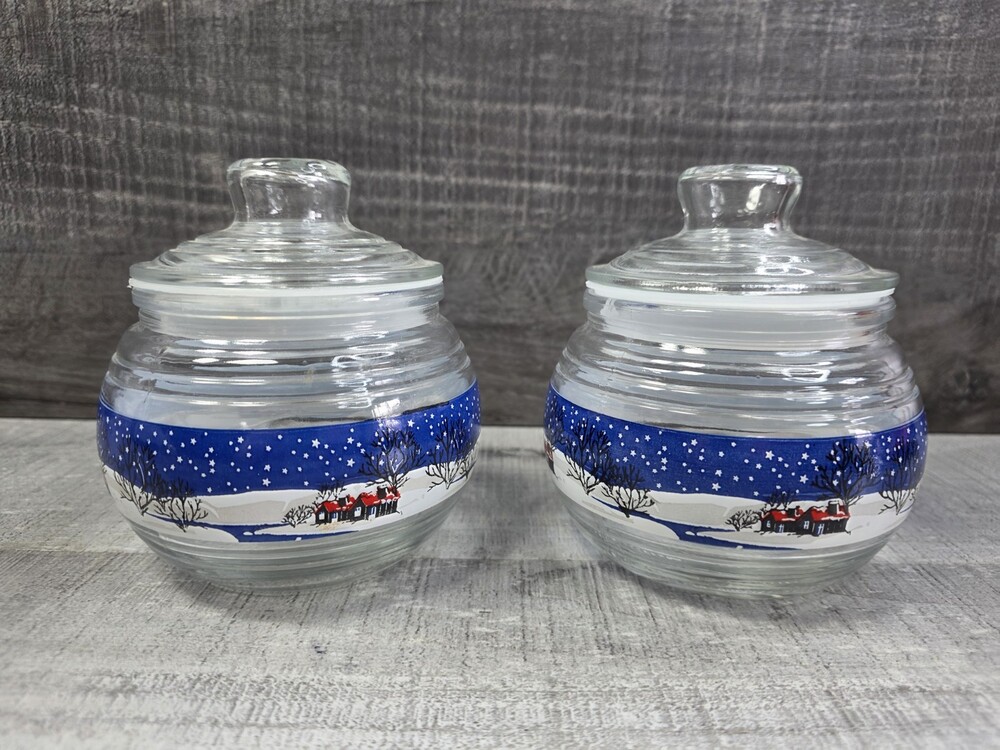 4" Christmas Glass Candy Jar Dish Lot With Lids Snowy House Scene Durable b140